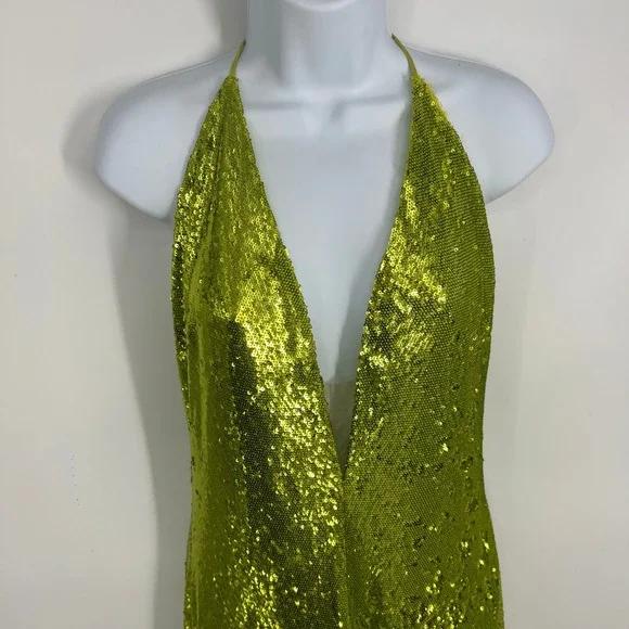 Halston Neon Kiara Green Sequin Deep V-Neck Slip Gown Floor Length Dress Size 10 - Picture 7 of 16